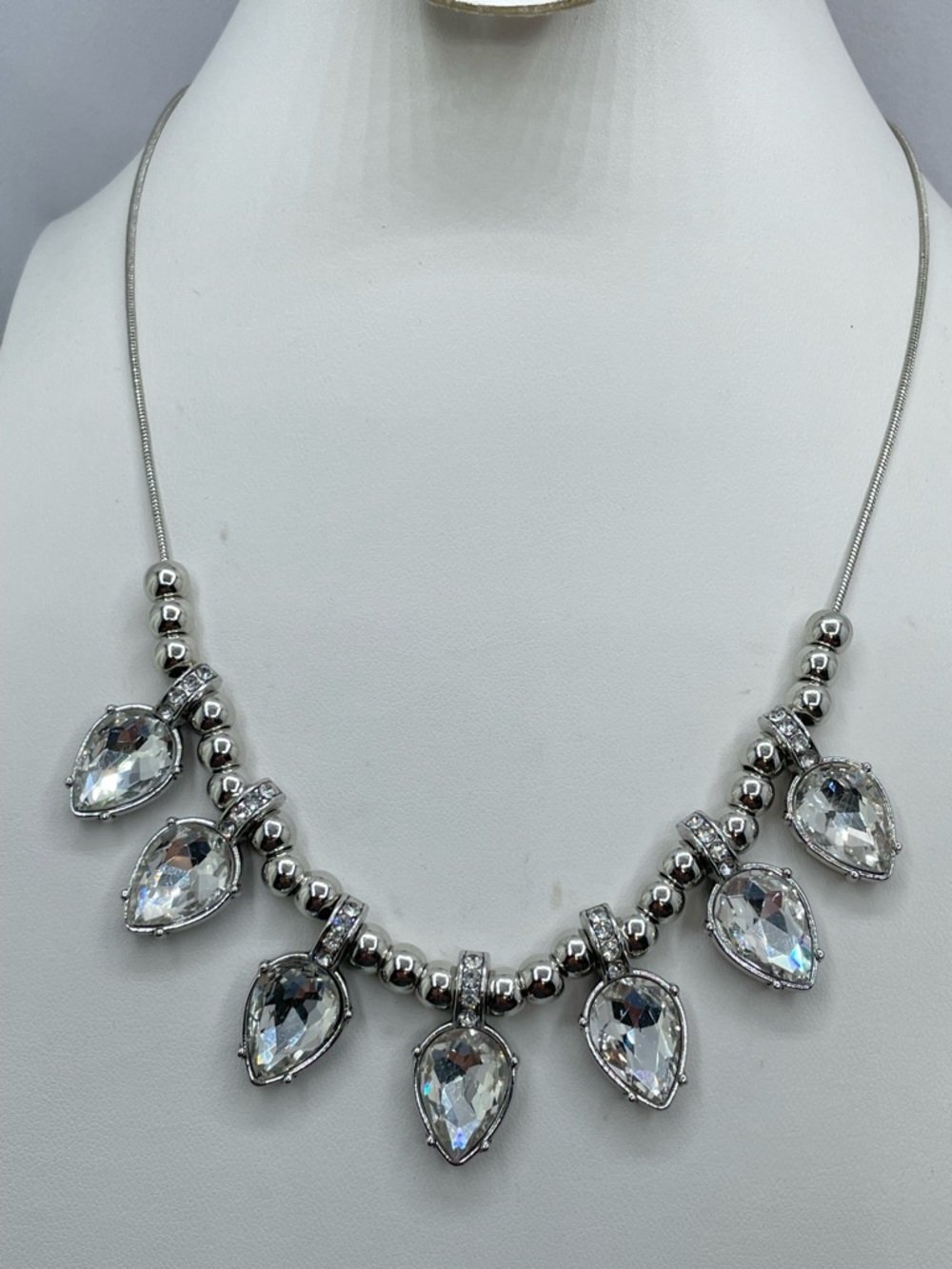 Silver Tone Crystal Teardrop Statement Necklace Chunky Beaded New